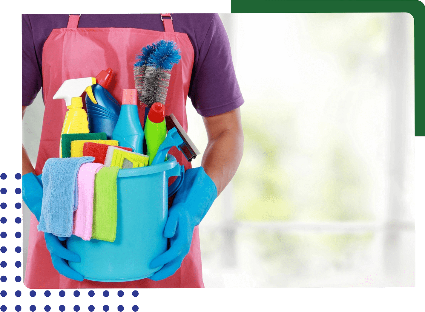 A person holding a bucket of cleaning supplies.