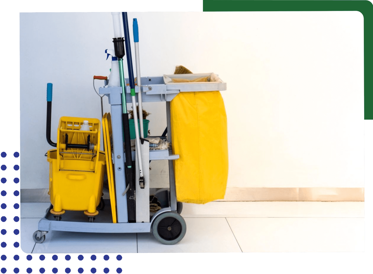 A yellow cleaning cart with buckets and a mop.