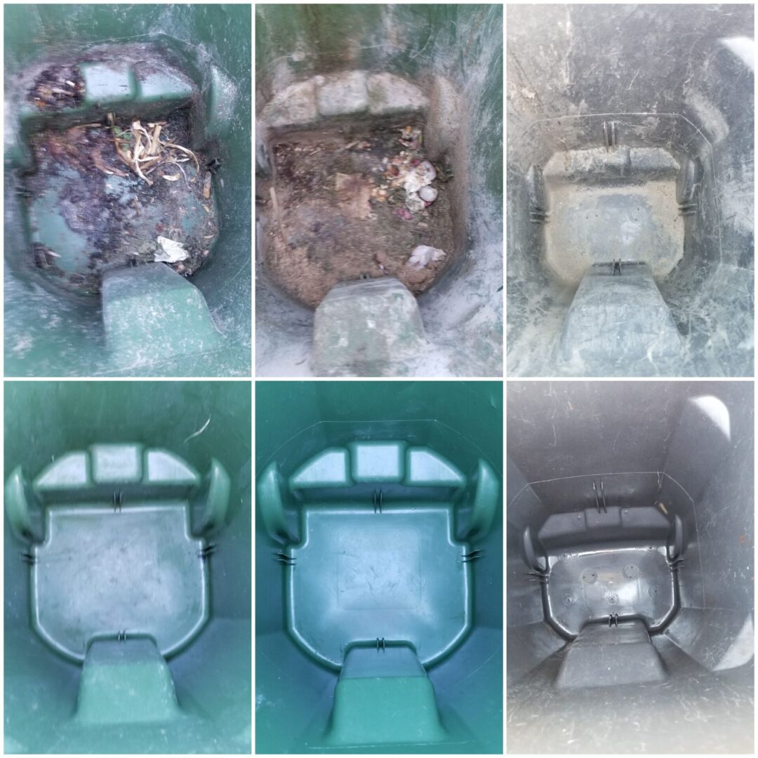 A series of photos showing the process of removing and cleaning a toilet.