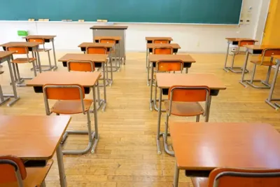 Desks in a school classroom