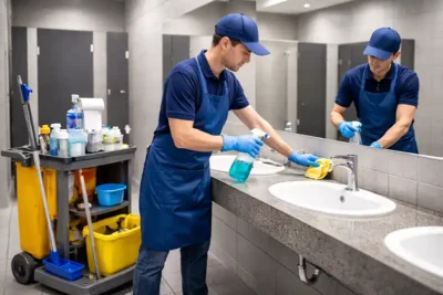Custodian providing commercial bathroom cleaning service