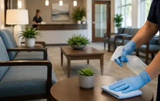 Cleaning staff tidying a waiting room