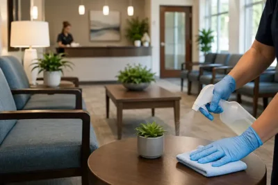 Cleaning staff tidying a waiting room